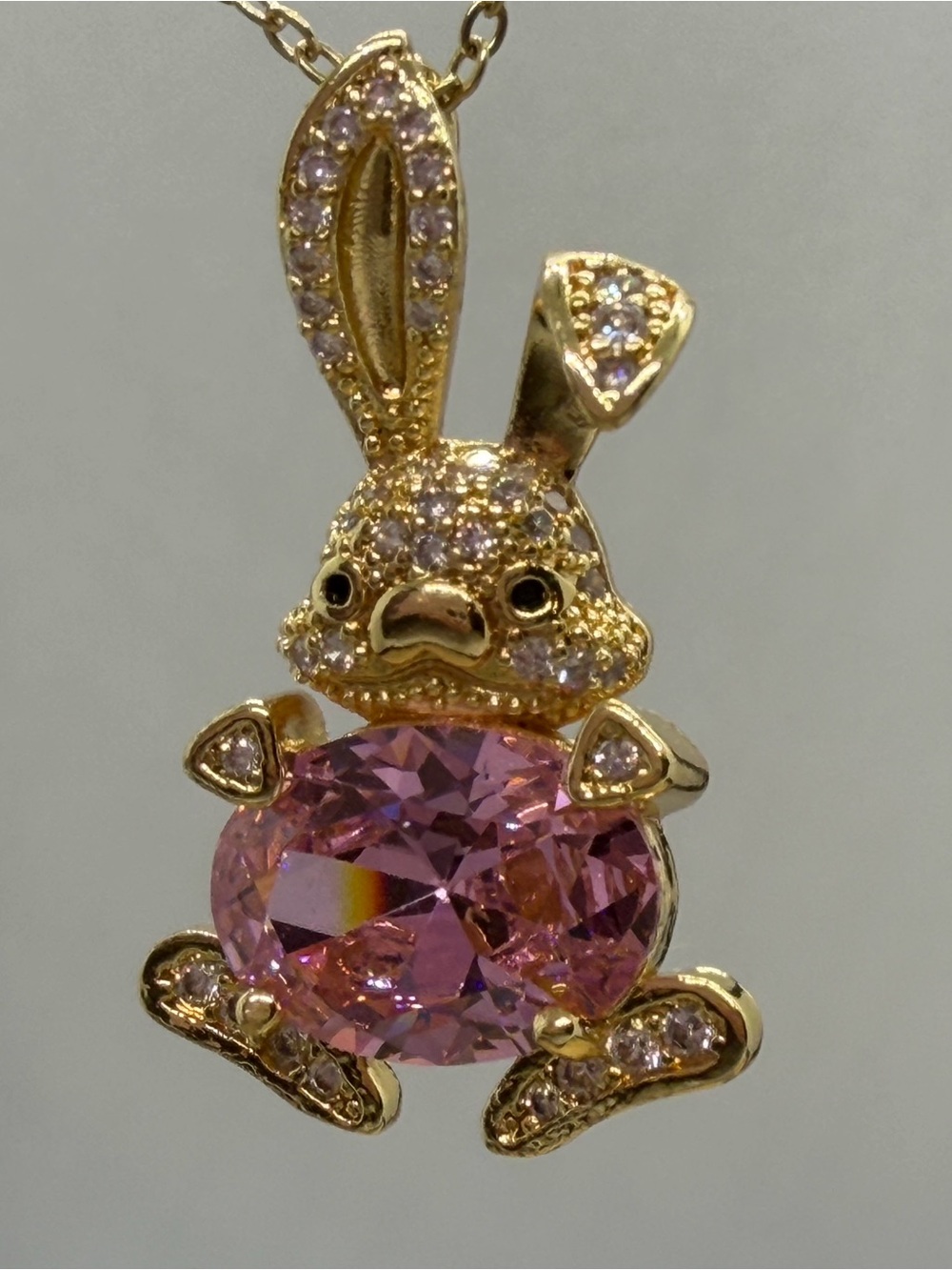 Gold Bunny Pendant Necklace with Pink Crystal